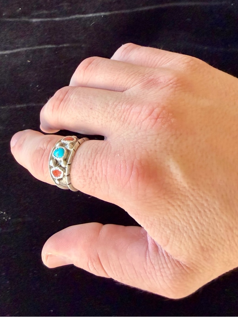 Milton Lasiloo Zuni Sterling Silver Turquoise & Red Coral Ring Size 11